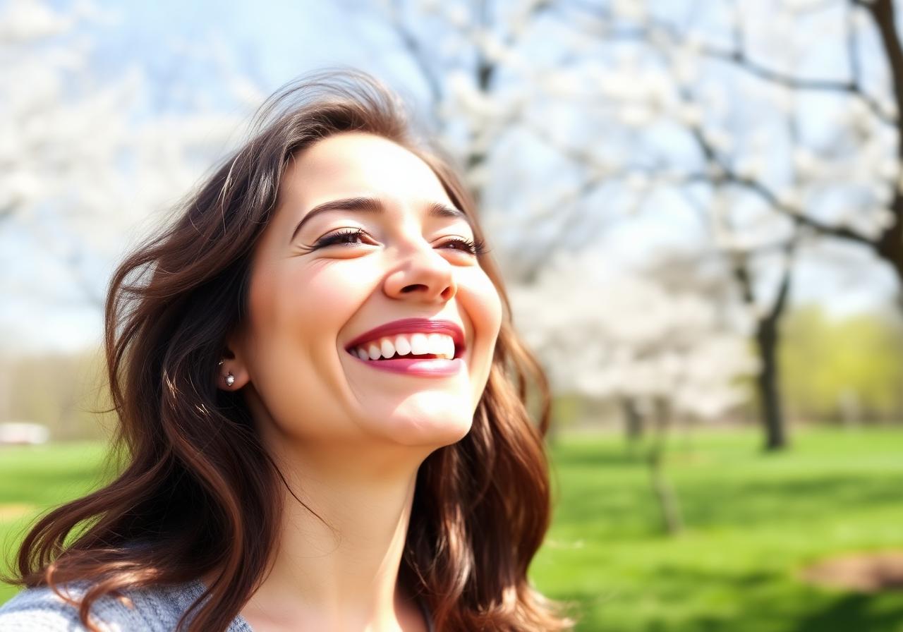 Happy Canadian woman enjoying spring outdoors after using POLLENWISE Allergy Relief