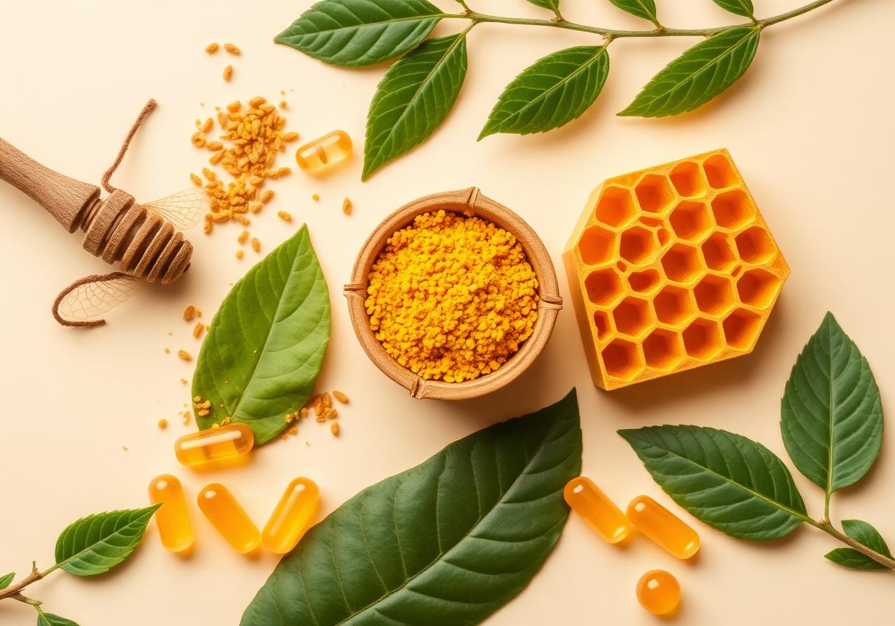 POLLENWISE Allergy Relief ingredients flat lay: bee pollen, honeycomb, leaves and capsules