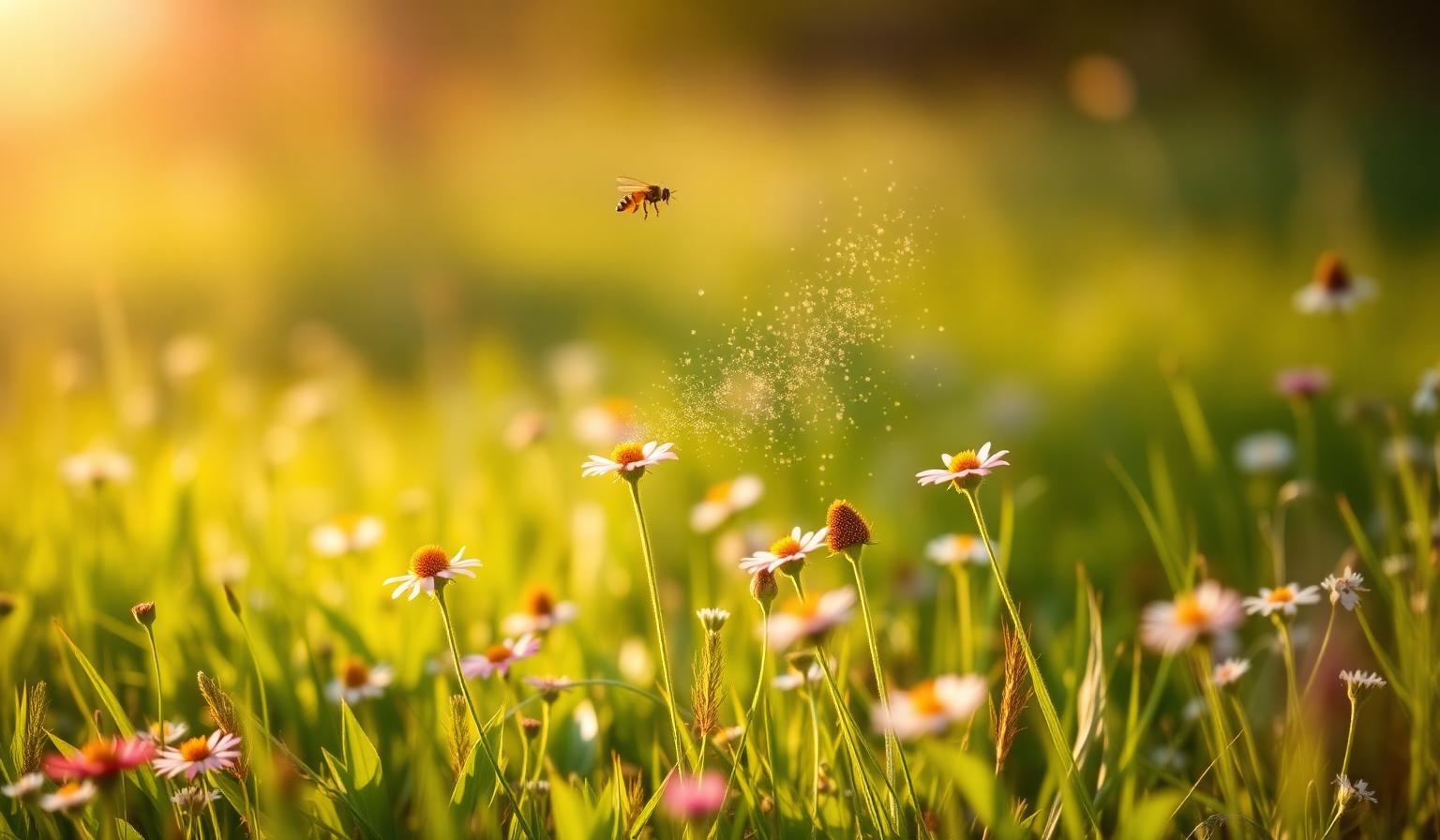 Spring meadow with pollen drifting in the air — common Canadian allergy trigger